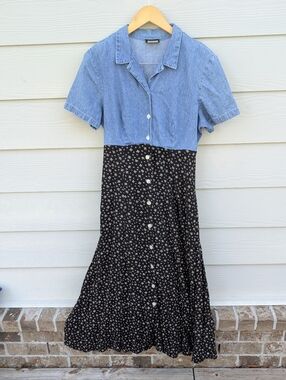 Vintage Blue Dress Size 10 Black Midi Maxi Denim Floral Buttondown Collar 80s